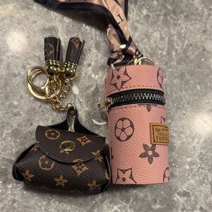 Monogram Brown Coin Pouch & Pink Monogram Lipstick Case Keychain Set